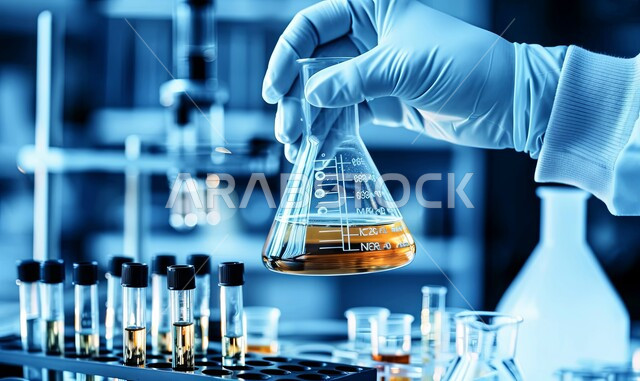 مختبرات الفحوصات الطبية والتحاليل الكيمائية، صورة مقربة ليد مخبري يرتدي القفازات و يمسك بيده أنابيب الاختبار، استخدام الأنبوبة الزجاجية المعقمة لتحليل العينات المختلفة، إجراء تجارب وبحوث علمية عبر التكنولوجيا الحيوية، معمل الصناعات الدوائية