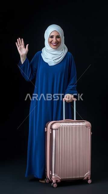 التلويح باليد والتعبير عن الوداع, قضاء وقت ممتع مع الأصدقاء, ايماءات السرور والسعادة بالرحلة السياحية في وقت الإجازة, بورتريه لإمرأة عربية خليجية سعودية مبتسمة ترتدي عباءة زرقاء تمسك بيدها حقيبة السفر وتنظر إلى الكاميرا, صورة لكامل الجسم, خلفية سوداء