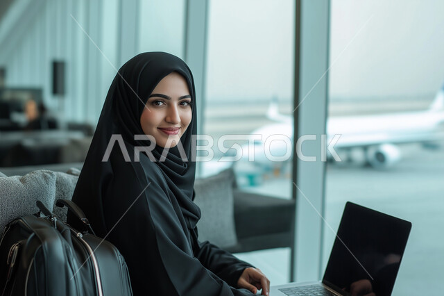 أهمية السياحة في السعودية ومفهوم الرحلة الجوية السياحية, سيدة أعمال عربية سعودية خليجية محجبة ترتدي العباءة السوداء داخل صالة الانتظار في المطار تنظر إلى الكاميرا بإيماءات السعادة والسرور, الاستعداد للسفر في رحلة عمل, قضاء عطلة صيفية ممتعة