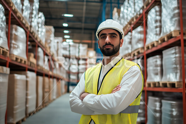 Supervision of engineering projects and auditing of works, concept of engineering and architectural construction, close-up of a smiling Saudi Arabian Gulf engineer wearing a protective vest and helmet with traditional dress looking at the camera with gestures of self-confidence, Saudi professions and jobs, standing with crossed hands gestures