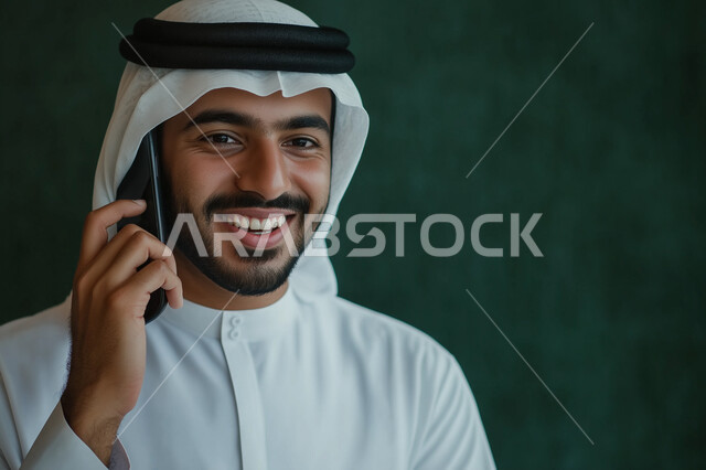 Spending a good time, using electronic programs and applications, browsing websites and social networking, a portrait of a smiling Saudi Gulf Arab man wearing a shemagh, using a mobile phone, electronic shopping via the Internet, oil background