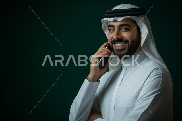 قضاء وقت ممتع, استعمال البرامج والتطبيقات الالكترونية، تصفح المواقع الالكترونية والتواصل الاجتماعي، بورتريه لرجل عربي خليجي سعودي مبتسم يرتدي الشماغ يقوم باستعمال الهاتف المحمول  ، التسوق الالكتروني عبر الانترنت، خلفية زيتية