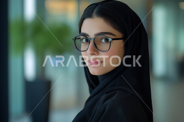 الوقوف باستقامة والنظر الى الكاميرا بايماءات الثقة، مفهوم الأنوثة والنعومة، الاهتمام بالمظهر الخارجي، أزياء محجبات عصرية وأنيقة، الملامح العربية القوية، صورة مقربة لسيدة أعمال عربية خليجية سعودية مبتسمة محجبة ترتدي عباءة سوداء