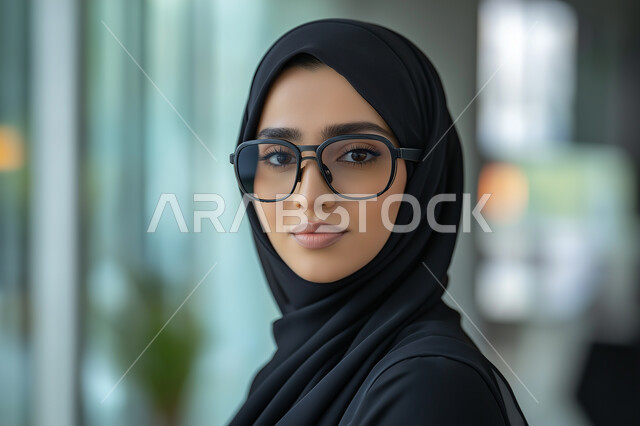 الوقوف باستقامة والنظر الى الكاميرا بايماءات الثقة، مفهوم الأنوثة والنعومة، الاهتمام بالمظهر الخارجي، أزياء محجبات عصرية وأنيقة، الملامح العربية القوية، صورة مقربة لسيدة أعمال عربية خليجية سعودية مبتسمة محجبة ترتدي عباءة سوداء