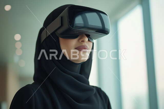 الإندماج والتفاعل ومحاكاة العالم الخيالي, صورة مقربة لإمرأه عربيه سعوديه خليجيه محجبة ترتدي نظارة الواقع الإفتراضي ترفع يدها للاعلى بإيماءات التلويح، مفهوم التسليه والترفيه, قضاء وقت ممتع, تطور التقنيه والتكنولوجيا