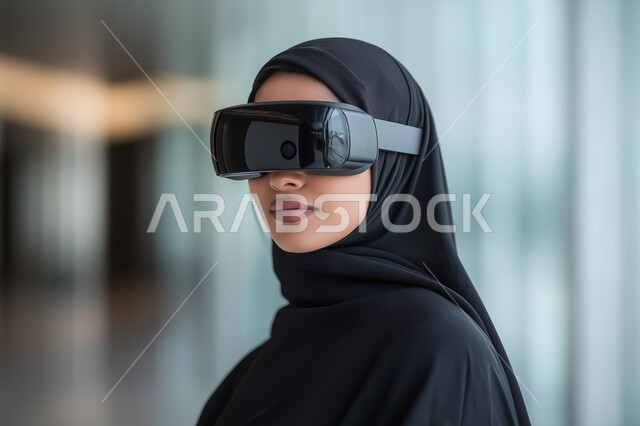 Integration, interaction, and simulation of the imaginary world, a close-up image of a veiled Saudi Arabian Gulf woman wearing virtual reality glasses, raising her hand up with waving gestures, the concept of entertainment and leisure, spending a good time, the development of technology and technology