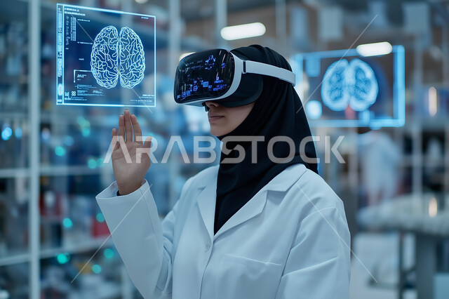 التطور التقني في المجال العلمي والطبي، استخدام التكنولوجيا الحديثة والذكاء الإصطناعي في فحص ومعاينة المرضى، طبيبة عربية خليجية سعودية محجبة ترتدي المعطف الطبي وتضع نظارة في آر تقوم بلمس رسومات وعناصر هولوجرامية ثلاثية الأبعاد، رؤية سعودية مستقبلية 2030