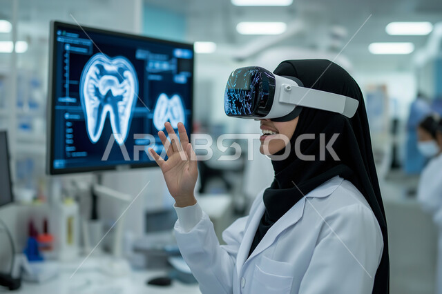 التطور التقني في المجال العلمي والطبي، استخدام التكنولوجيا الحديثة والذكاء الإصطناعي في فحص ومعاينة المرضى، طبيبة عربية خليجية سعودية محجبة ترتدي المعطف الطبي وتضع نظارة في آر تقوم بلمس رسومات وعناصر هولوجرامية ثلاثية الأبعاد، رؤية سعودية مستقبلية 2030