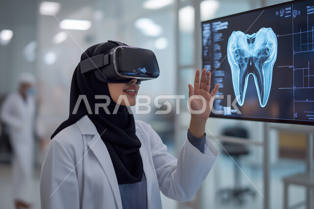 التطور التقني في المجال العلمي والطبي، استخدام التكنولوجيا الحديثة والذكاء الإصطناعي في فحص ومعاينة المرضى، طبيبة عربية خليجية سعودية محجبة ترتدي المعطف الطبي وتضع نظارة في آر تقوم بلمس رسومات وعناصر هولوجرامية ثلاثية الأبعاد، رؤية سعودية مستقبلية 2030
