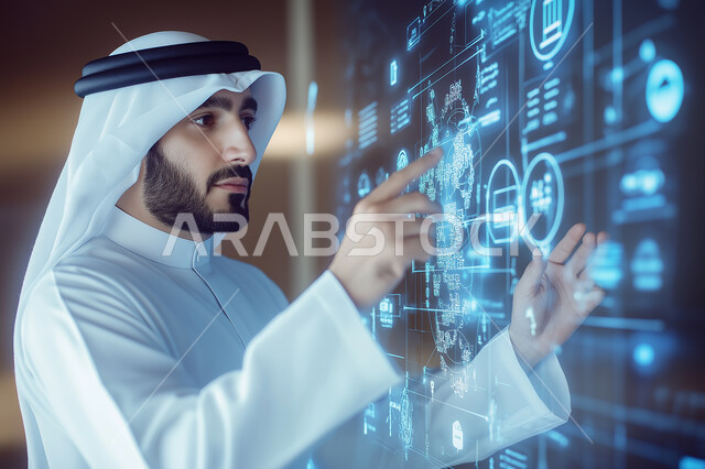 استخدام التقنيات الالكترونية الحديثه، صورة مقربة لرجل عربي خليجي سعودي يرتدي الثوب التقليدي يقوم بلمس أيقونات ورموز هولوجرامية مضيئة على الشاشات الالكترونية، مفهوم النمو والتقدم التكنولوجي في المملكة العربية السعودية