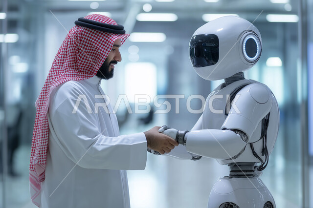 الابتكار والعلوم والتكنولوجيا، رؤية مستقبلية سعودية 2030، التحول الرقمي والتقدم التقني، تحقيق الثورة الصناعية, صورة مقربة لشاب عربي خليجي سعودي يقوم بمصافحة رجل آلي, مفهوم التعاون بين البشر والروبوتات