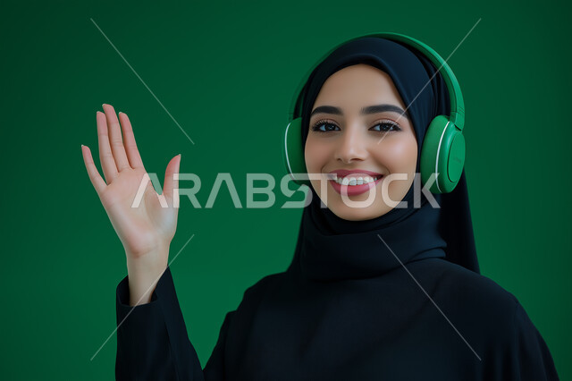 ايماءات وجه ويدين تدل على السعادة والاندماج، مفهوم الإصغاء والإستماع، استخدام سماعات الرأس والتقنيات المتطورة، الاستمتاع بالموسيقى في أوقات الفراغ , بورتريه مقرب لإمرأة عربية سعودية خليجية محجبة ترتدي عباءة سوداء تضع على رأسها سماعة الهيدفون وتنظرالى الكاميرا
