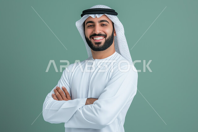 الاهتمام بالمظهر الخارجي، مفهوم الاناقه و الرجولة ،الوقوف باستقامة وثقه بالنفس، بورتريه لشاب وسيم عربي خليجي سعودي مسرور يرتدي الشماغ و الزي التقليدي ينظر إلى الكاميرا بإيماءات أيدي متقاطعه، صورة الجسم بالطول الكامل، خلفية رمادية 
