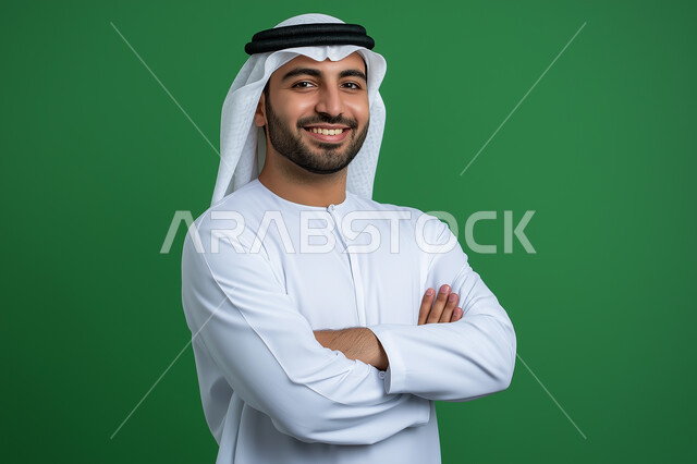 الاهتمام بالمظهر الخارجي، مفهوم الاناقه و الرجولة ،الوقوف باستقامة وثقه بالنفس، بورتريه لشاب وسيم عربي خليجي سعودي مسرور يرتدي الشماغ و الزي التقليدي ينظر إلى الكاميرا بإيماءات أيدي متقاطعه، صورة الجسم بالطول الكامل، خلفية رمادية 