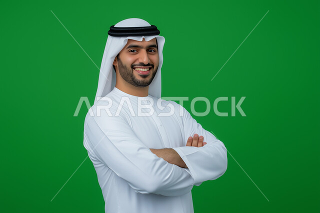 الاهتمام بالمظهر الخارجي، مفهوم الاناقه و الرجولة ،الوقوف باستقامة وثقه بالنفس، بورتريه لشاب وسيم عربي خليجي سعودي مسرور يرتدي الشماغ و الزي التقليدي ينظر إلى الكاميرا بإيماءات أيدي متقاطعه، صورة الجسم بالطول الكامل، خلفية رمادية 