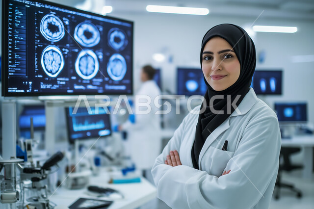 The use of technology and technology in health research, development and progress in medical fields in the Kingdom of Saudi Arabia, a Saudi Gulf Arab doctor wearing a white coat standing in front of a huge digital screen displaying analyzes of human health