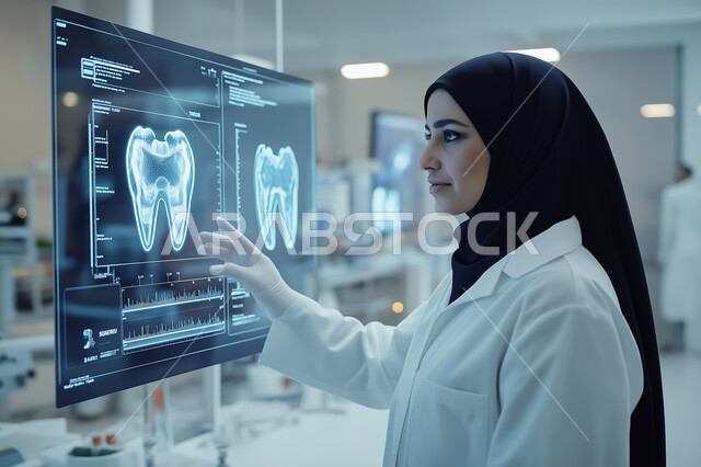 استخدام التقنية والتكنولوجيا في البحث الصحي، التطور والتقدم في المجالات الطبية في المملكة العربية السعودية, طبيبه عربية خليجية سعودية ترتدي المعطف الأبيض تقف أمام شاشة رقمية ضخمة تعرض تحليلات عن صحة الانسان