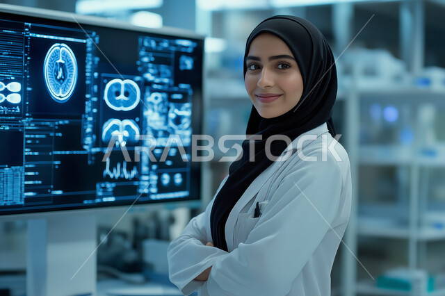 The use of technology and technology in health research, development and progress in medical fields in the Kingdom of Saudi Arabia, a Saudi Gulf Arab doctor wearing a white coat standing in front of a huge digital screen displaying analyzes of human health