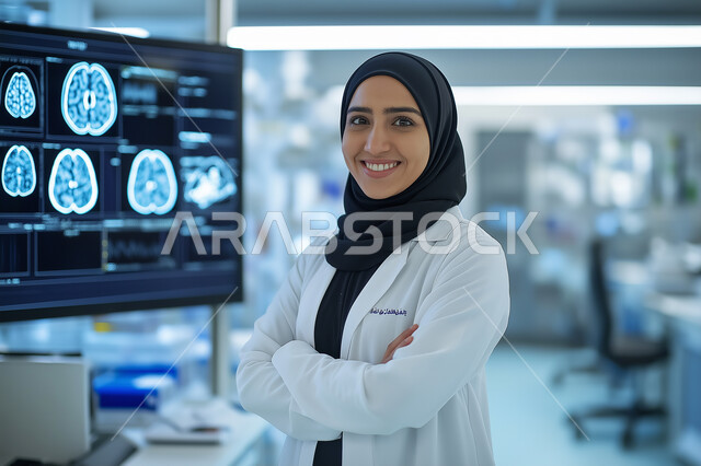 استخدام التقنية والتكنولوجيا في البحث الصحي، التطور والتقدم في المجالات الطبية في المملكة العربية السعودية, طبيبه عربية خليجية سعودية ترتدي المعطف الأبيض تقف أمام شاشة رقمية ضخمة تعرض تحليلات عن صحة الانسان