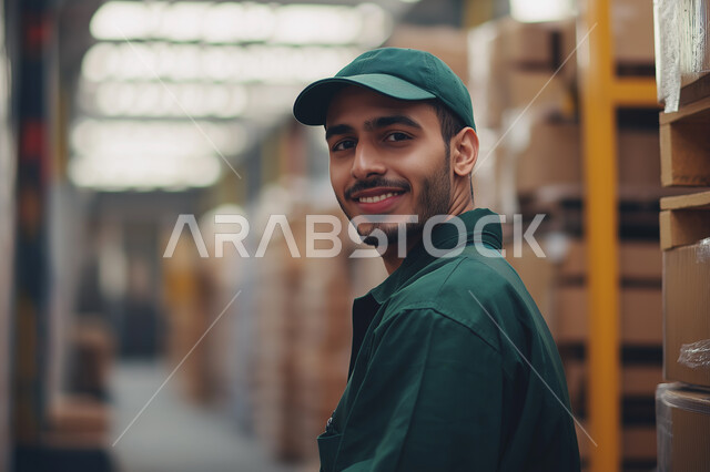 عملية شحن وتوصيل موثوقة، توصيل الطلبات والبضائع للعملاء، شاب عربي خليجي سعودي يرتدي زيه الخاص بالعمل وقبعة خضراء ينظر إلى الكاميرا بإيماءات السرور, التسوق الذكي عبر الإنترنت، الطلبات أونلاين، مندوب توصيل سريع