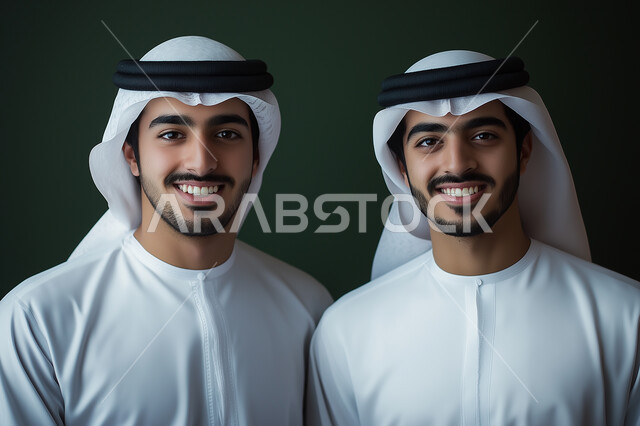 ايماءات السعادة والفرح، بورتريه مقرب لرجلان عربيان سعوديتذن يرتديان الشماغ مبتسمان ينظران الي الكاميرا بايماءات الثقة بالنفس، الوقوف باستقامة واستعداد، خلفية زيتية