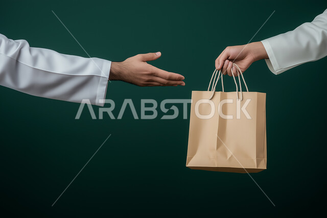 Delivery of orders on time, portrait of a Saudi Gulf Arab man delivering goods to customers, electronic shopping, online orders, smart shopping, reliable purchase and delivery process, delivery representative, express delivery services,