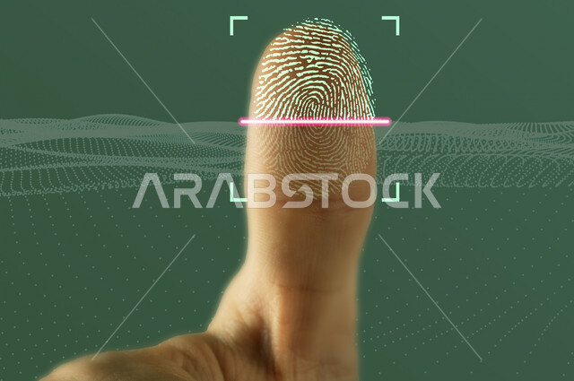 Close-up of the hand of a Saudi Arabian Gulf man, fingerprint scanning, secure entry, user data privacy concept, cybersecurity data protection, preserving personal data of users, high-tech systems