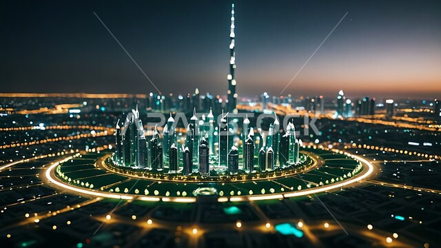   رؤية مستقبلية سعودية ، مفهوم تطوير وتحسين البنية التحتية، منظر تخيلي مستقبلي للتقدم و النمو العمراني، الفنون والتصاميم الهندسية المعمارية الحديثة لناطحات السحاب في المملكة العربية السعودية، الأبراج والمباني التجارية، الشوارع المضيئة المزدحمة