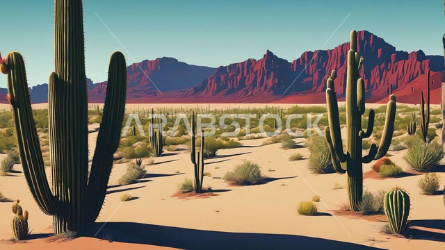 سلسلة الجبال والتكوينات الصخرية، نبات الصبار الشوكي في المناطق الصحراوية، الكثبان الرملية في البراري، اماكن السفاري في المملكة العربية السعودية، نمو النباتات الشوكية والاعشاب البرية في المحميات الطبيعية