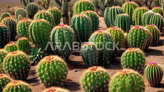 النباتات الشوكية والاعشاب البرية في المحميات الطبيعية، مجموعة من نبات الصبار الشوكي في المناطق الصحراوية، نمو الشوكيات والأعشاب في براري المملكة العربية السعودية