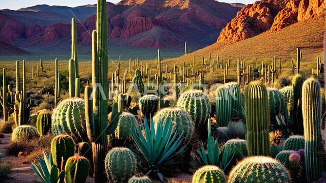 سلسلة الجبال والتكوينات الصخرية، نبات الصبار الشوكي في المناطق الصحراوية، الكثبان الرملية في البراري، اماكن السفاري في المملكة العربية السعودية، نمو النباتات الشوكية والاعشاب البرية في المحميات الطبيعية