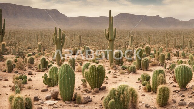 سلسلة الجبال والتكوينات الصخرية، نبات الصبار الشوكي في المناطق الصحراوية، الكثبان الرملية في البراري، اماكن السفاري في المملكة العربية السعودية، نمو النباتات الشوكية والاعشاب البرية في المحميات الطبيعية