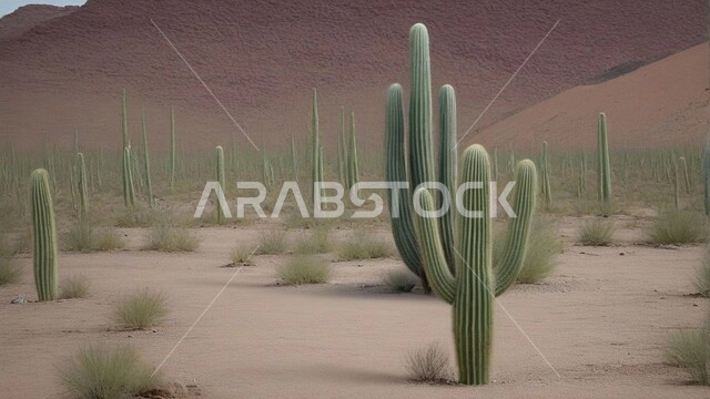 النباتات الشوكية والاعشاب البرية في المحميات الطبيعية، مجموعة من نبات الصبار الشوكي في المناطق الصحراوية، نمو الشوكيات والأعشاب في براري المملكة العربية السعودية