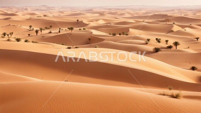 مناطق البادية وقت النهار، نمو النباتات الخضراء والأعشاب البرية في الأراضي الصحراوية ، التلال والهضاب من الرمال الناعمة، التكوينات والتشكلات الرملية في صحراء المملكة العربية السعودية، التضاريس و المرتفعات والقمم الجبلية في البراري، خلفية الطبيعة