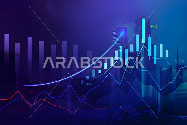 رسوم بيانية إحصائية للبورصة المالية بتقنية الهولوجرام ثلاثية الأبعاد، تطوير الشركات والمشاريع الاقتصادية، التجاره الإلكترونيه الرقمية، متابعة مؤشرات الأسهم ومخططات الإستثمار المالي, النمو والتطور في المجال الاقتصادي في السعودية
