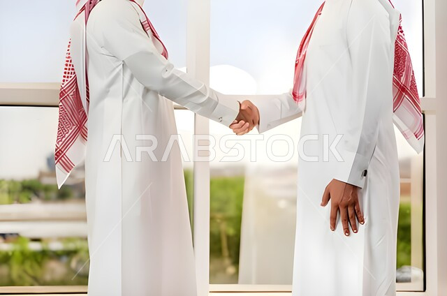  العمل في الشركات الخليجية الراقية, التحية والسلام والاتفاق على صفقات عمل ناجحة, رجلا أعمال عربيان خليجيان سعوديان يرتديان الثوب التقليدي والشماغ يقومان بالمصافحة  داخل مقر الشركة