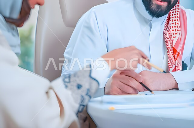 Cooperation and understanding between the team, exchange of experiences and successful agreements, portrait of two Saudi Gulf Arab men in a business meeting, wearing traditional Saudi dress, comfortable work environment in a Saudi company, integrating technology into practical life