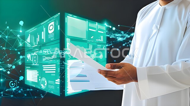 التغيرات العالمية بأسعار أسهم البورصة , رجل عربي خليجي سعودي يرتدي الثوب التقليدي و الشماغ يقف أمام شاشة مليئة بالأرقام و الإحصائيات يمسك الجهاز اللوحي بيده , عرض شاشة سوداء فارغة عبر التابلت , خلفية هولوجرامية ثلاثية الأبعاد لخريطة العالم