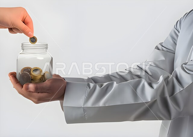 يد رجل عربي خليجي سعودي يحمل بين يديه عملات معدنية تعبيرا عن الإدخار ، جمع التبرعات المالية ، الاستثمار و التنمية المالية 