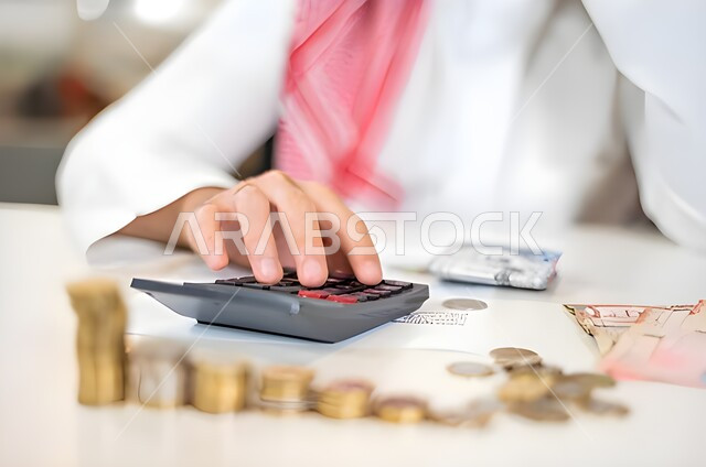 يد رجل عربي خليجي سعودي يحمل بين يديه عملات معدنية تعبيرا عن الإدخار ، جمع التبرعات المالية ، الاستثمار و التنمية المالية 