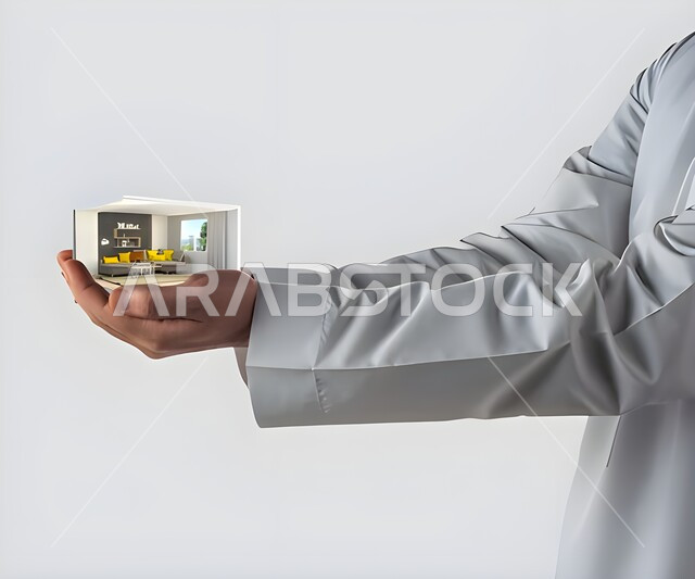 يد رجل عربي خليجي سعودي يحمل بين يديه تصميم منزل بتقنية ثلاثية الأبعاد ، إستثمار الأموال لشراء بيت جديد ، الإستقرار و إمتلاك منزل جديد