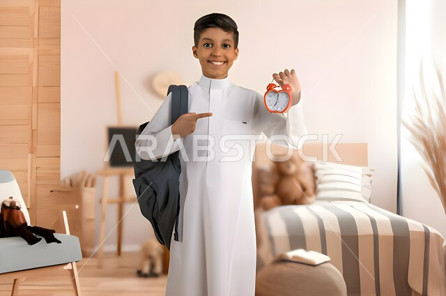 طالب عربي خليجي سعودي يرتدي الزي المدرسي ويشير باصبع يده السبابة نحو ساعة تنبيه صغيرة، حقيبة الظهر المدرسية، التذكيرات والتنبيهات، منبه لمواعيد المدرسة، التعليم في السعودية، العودة إلى المدارس