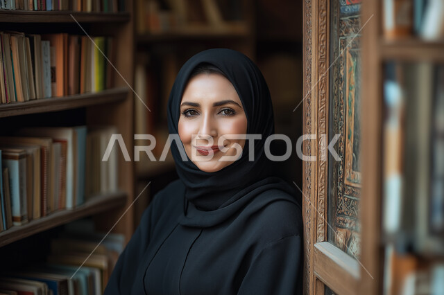 ممارسة هواية المطالعة, شابة عربية خليجية سعودية مبتسمة محجبة ترتدي العباءة السوداء تقف داخل المكتبة و تنظر إلى الكاميرا بإيماءات السعادة و السرور, الكتب و الروايات على الرفوف, أماكن هادئة و مريحة للدراسة، مفهوم الشغف بالقراءة