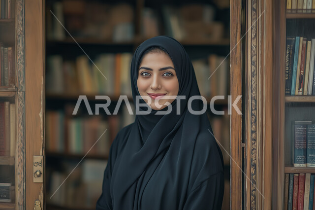 مفهوم الشغف بالقراءة, ممارسة هواية المطالعة, شابة عربية خليجية سعودية مبتسمة محجبة ترتدي العباءة السوداء تقف داخل المكتبة و تنظر إلى الكاميرا بإيماءات السعادة و السرور, الكتب و الروايات على الرفوف, أماكن هادئة و مريحة للدراسة