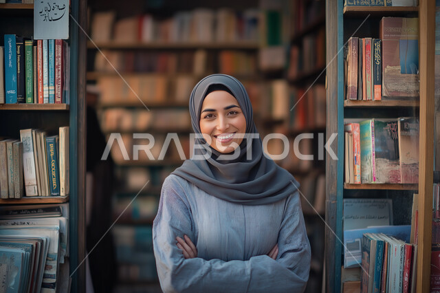 أماكن هادئة و مريحة للدراسة، مفهوم الشغف بالقراءة، ممارسة هواية المطالعة, شابة عربية خليجية سعودية مبتسمة محجبة ترتدي الزي الكاجوال تقف بأيدي متقاطعة داخل المكتبة و تنظر إلى الكاميرا بإيماءات السعادة و السرور، الكتب و الروايات على الرفوف