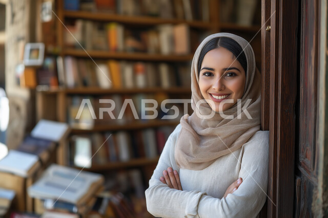 الكتب و الروايات على الرفوف, أماكن هادئة و مريحة للدراسة، مفهوم الشغف بالقراءة، ممارسة هواية المطالعة, شابة عربية خليجية سعودية مبتسمة محجبة ترتدي الزي الكاجوال تقف بأيدي متقاطعة داخل المكتبة و تنظر إلى الكاميرا بإيماءات السعادة و السرور