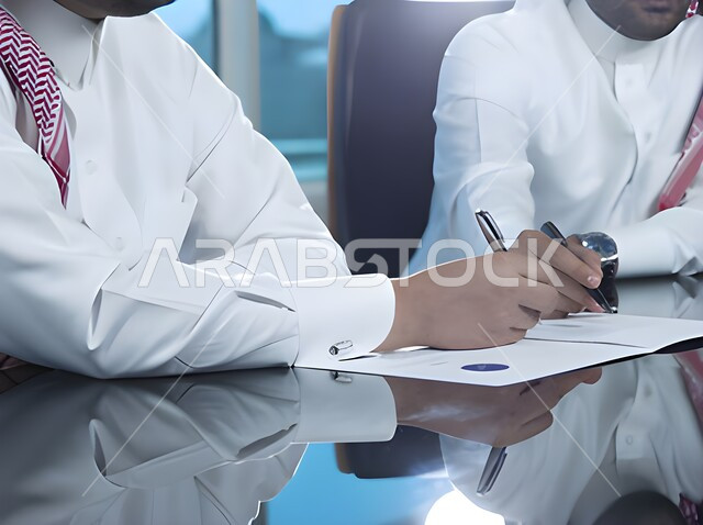 قراءة البنود الخاصة بالعمل، التحقيق والتدقيق في شروط العقد، صورة مقربة لأيدي رجلان عربيان خليجيان سعوديان يجلسان داخل مكتب يقومان بالتوقيع على أوراق إحدى العقود، بناء شراكات واتفاقيات جديدة