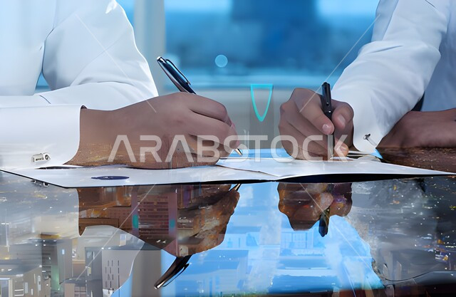 قراءة البنود الخاصة بالعمل، التحقيق والتدقيق في شروط العقد، صورة مقربة لأيدي رجلان عربيان خليجيان سعوديان يجلسان داخل مكتب يقومان بالتوقيع على أوراق إحدى العقود، بناء شراكات واتفاقيات جديدة