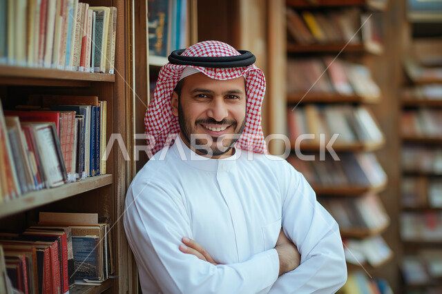 Practicing the hobby of reading, a Saudi Arabian Gulf man wearing the traditional thobe and shemagh stands with his hands crossed inside the library and looks at the camera with gestures of happiness and pleasure, books and novels on the shelves, quiet and comfortable places to study, gain knowledge and information, spend free time educating
