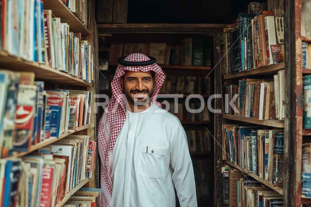 قضاء وقت الفراغ بالتثقيف والتعلم، ممارسة هواية المطالعة, رجل عربي سعودي خليجي يرتدي الثوب التقليدي والشماغ يقف داخل المكتبة وينظر الى الكاميرا بايماءات السعادة والسرور، الكتب و الروايات على الرفوف، أماكن هادئة و مريحة للدراسة، التزود بالعلم والمعرفة